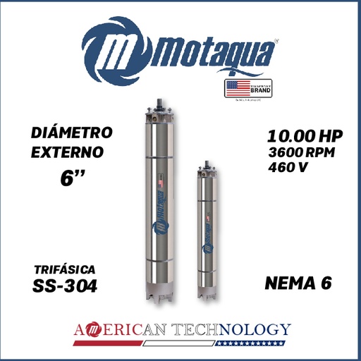 [7515MKD-20] MOTOR SUMERGIBLE TF MOTAQUA  6" SERIE MKD MOD. T6WRF0100K  10,00HP 3PH/460V/60HZ/2P 3600RPM 3W DOL NEMA6 WF-R SS-304