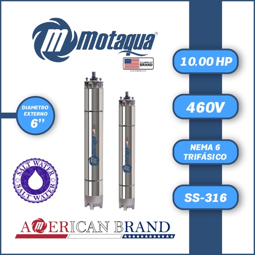 [7515MKD-22] MOTOR SUMERGIBLE TF MOTAQUA MKD DSM6 6" T6WRF0100K  10,00HP 3PH/460V/60HZ/2P 3600RPM 3W DOL NEMA6 WF-R SS316