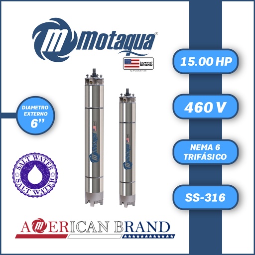 [7515MKD-25] MOTOR SUMERGIBLE TF MOTAQUA MKD DSM6 6" T6WRF0150K  15,00HP 3PH/460V/60HZ/2P 3600RPM 3W DOL NEMA6 WF-R SS316