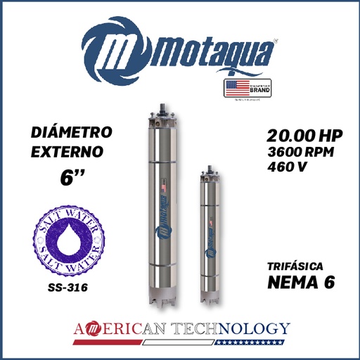 [7515MKD-23002006 2] MOTOR SUMERGIBLE TF MOTAQUA  6" SERIE MKD MOD. T6WRF0200K  20,00HP 3PH/460V/60HZ/2P 3600RPM 3W DOL NEMA6 WF-R SS316