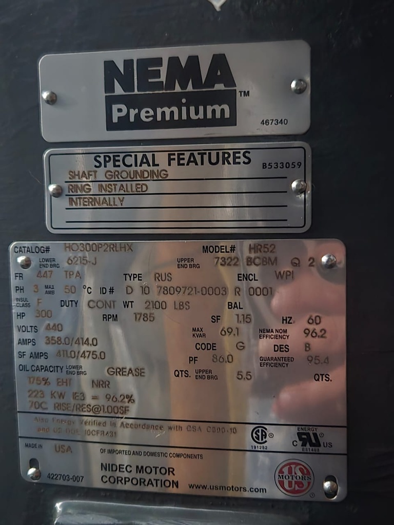 MOTOR VHS  300,00HP 1800RPM US MOTORS HO300P2SLHX 3PH 460V 4P SF 1,15 6W PWS 447TPA WP1 XHT NRR CI