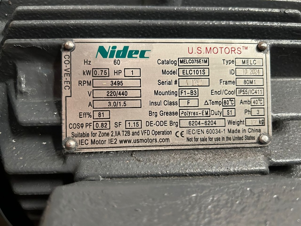 MOTOR HORIZONTAL   1,00HP 3600RPM US MOTORS MELC075E1M / ELC101S 3PH 220-440V 2P SF 1,15 9W DOL 80M TEFC IEC-IE2 CI