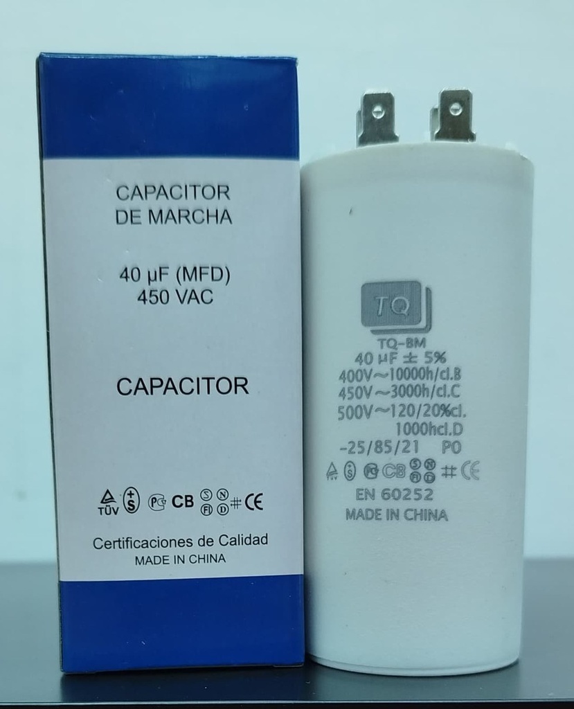 CAPACITOR DE MARCHA MARCA TQ MOD. 40uF 450V