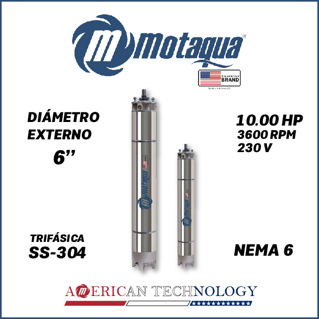 MOTOR SUMERGIBLE TF MOTAQUA  6" SERIE MKD MOD. T6WRF0100J  10,00HP 3PH/230V/60HZ/2P 3600RPM 3W DOL NEMA6 WF-R SS-304     6S07560S005
