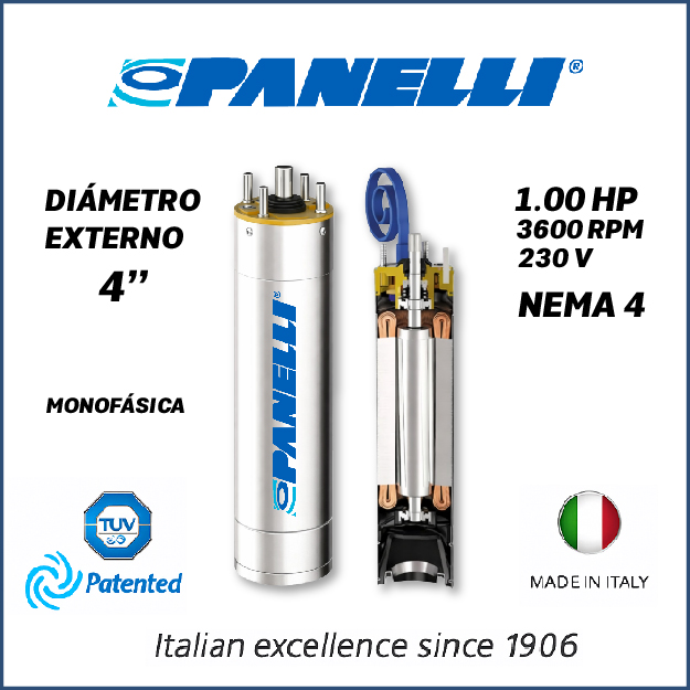 MOTOR SUMERGIBLE MF PANELLI  4" SERIE P0400 MOD.   1,00HP 1PH/230V/60HZ/2P 3600RPM 3W DOL NEMA4 OF-R