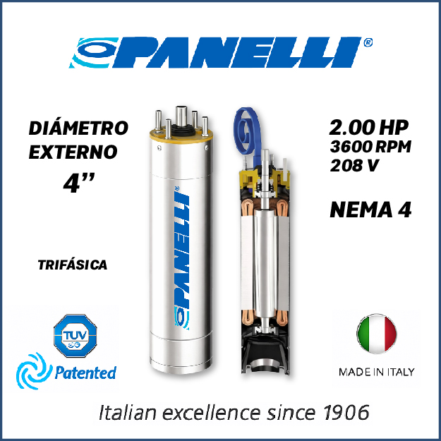 MOTOR SUMERGIBLE TF PANELLI  4" SERIE P0400 MOD.   2,00HP 3PH/208V/60HZ/2P 3600RPM 3W DOL NEMA4 OF-R