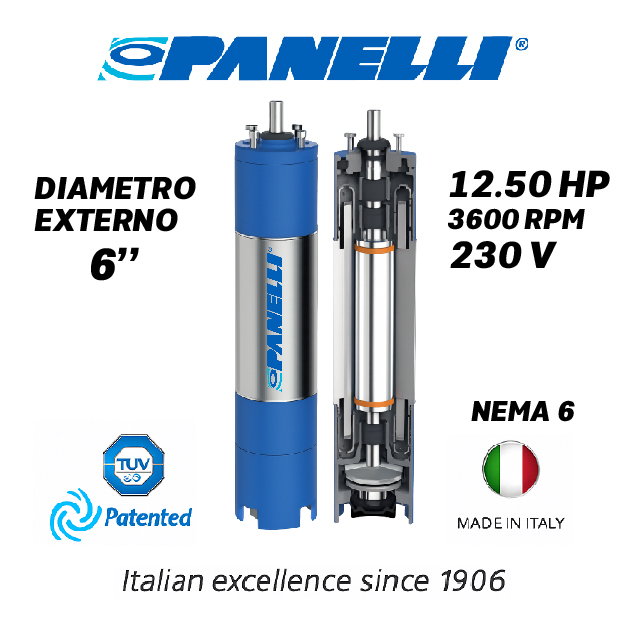 MOTOR SUMERGIBLE TF PANELLI  6" SERIE P0600 MOD.  12,50HP 3PH/230V/60HZ/2P 3600RPM 3W DOL NEMA6 WF-R