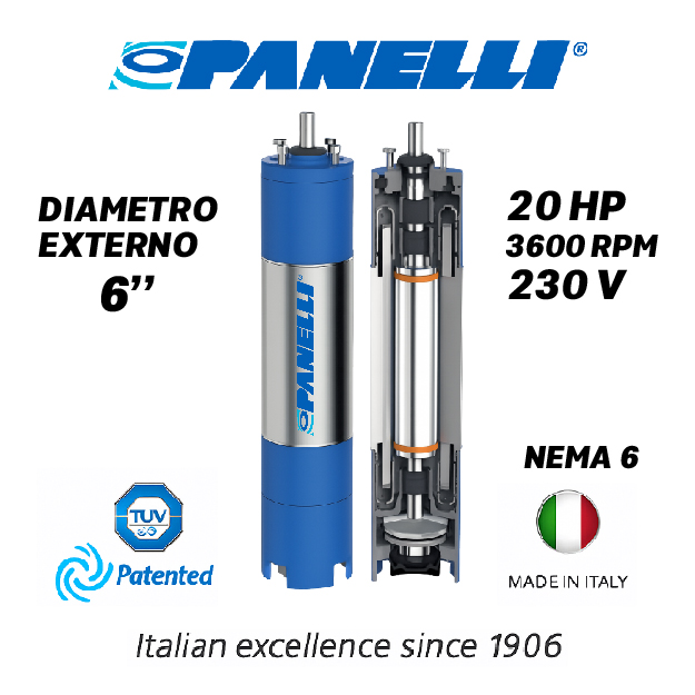 MOTOR SUMERGIBLE TF PANELLI  6" SERIE P0600 MOD.  20,00HP 3PH/230V/60HZ/2P 3600RPM 3W DOL NEMA6 WF-R