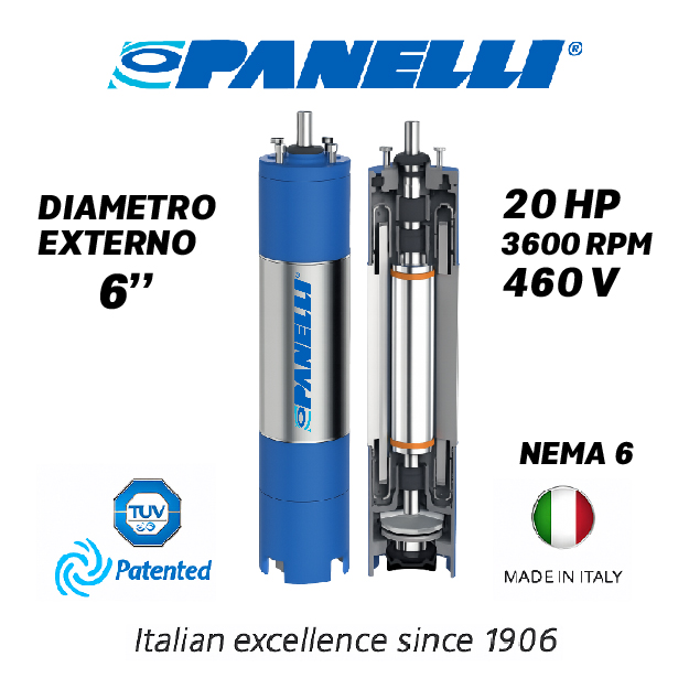MOTOR SUMERGIBLE TF PANELLI  6" SERIE P0600 MOD.  20,00HP 3PH/460V/60HZ/2P 3600RPM 3W DOL NEMA6 WF-R