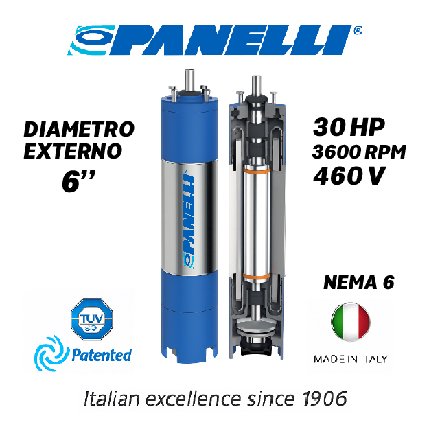 MOTOR SUMERGIBLE TF PANELLI  6" SERIE P0600 MOD.  30,00HP 3PH/460V/60HZ/2P 3600RPM 3W DOL NEMA6 WF-R