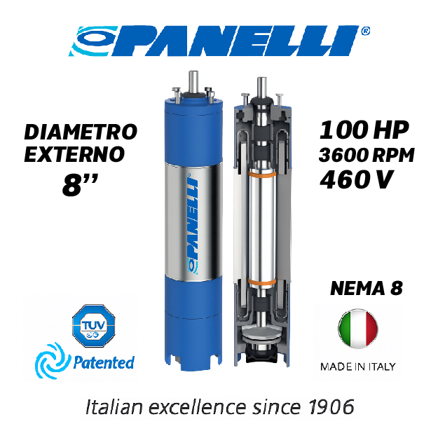 MOTOR SUMERGIBLE TF PANELLI  8" SERIE P0800 MOD. 100,00HP 3PH/460V/60HZ/2P 3600RPM 6W Y-D NEMA8 WF-R
