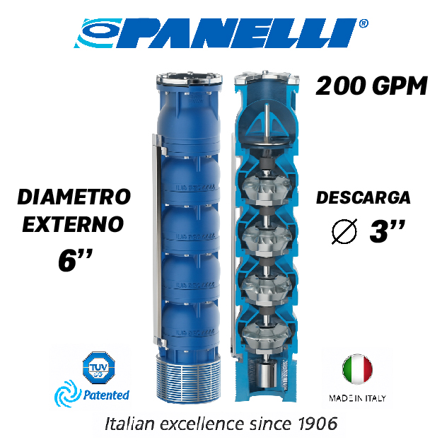 CUERPO SUMERGIBLE PANELLI  6" SERIE REC MOD 140REC20005 200GPM  20,00HP  05ET 3"NPT NEMA6