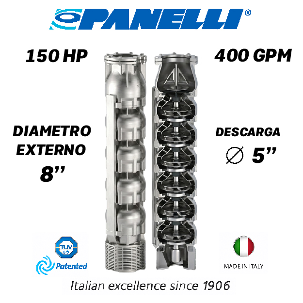 CUERPO SUMERGIBLE PANELLI  8" SERIE  SX MOD. 180SX40011 400GPM 150,00HP  11ET 5"NPT NEMA8