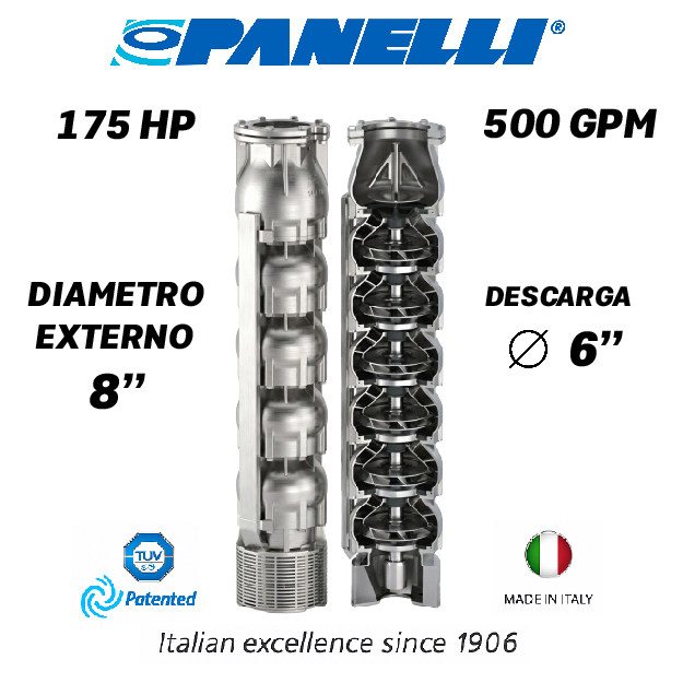 CUERPO SUMERGIBLE PANELLI  8" SERIE  SX MOD. 180SX50011 500GPM 175,00HP  11ET 6"NPT NEMA8 