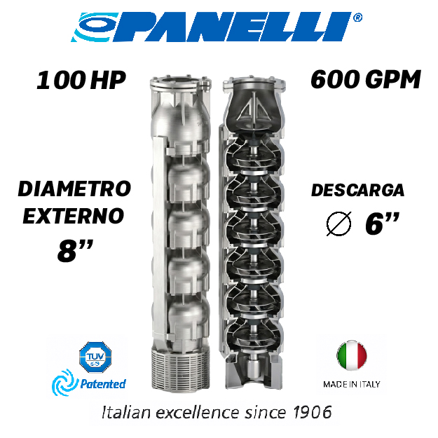 CUERPO SUMERGIBLE PANELLI  8" SERIE  SX MOD. 180SX60005 600GPM 100,00HP  05ET 6"NPT NEMA8 
