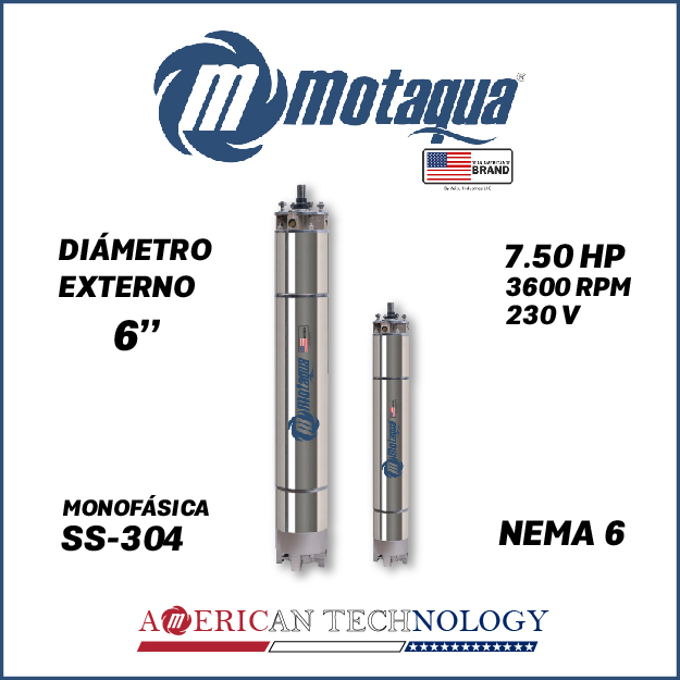 MOTOR SUMERGIBLE MF MOTAQUA  6" SERIE MKD MOD. M6WRF0075F   7,50HP 1PH/230V/60HZ/2P 3600RPM 3W DOL NEMA6  WF-R SS-304