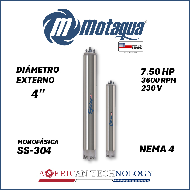 MOTOR SUMERGIBLE MF MOTAQUA  4" SERIE MKD MOD. M4WRF0075F   7,50HP 1PH/230V/60HZ/2P 3600RPM 3W DOL NEMA4 WF-R SS-304