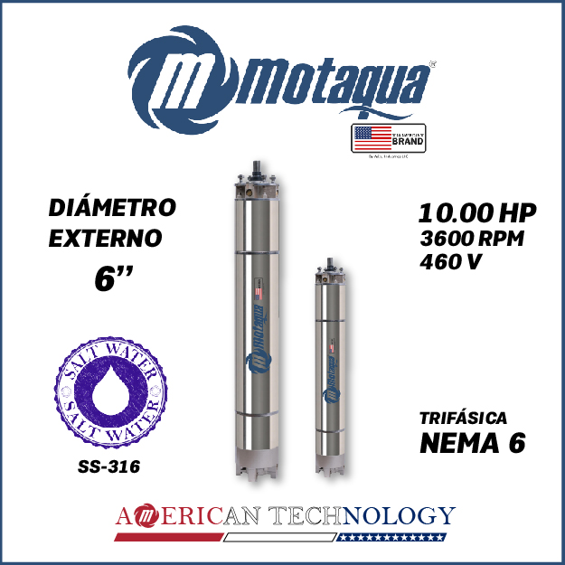 MOTOR SUMERGIBLE TF MOTAQUA  6" SERIE MKD MOD. T6WRF0100K  10,00HP 3PH/460V/60HZ/2P 3600RPM 3W DOL NEMA6 WF-R SS316