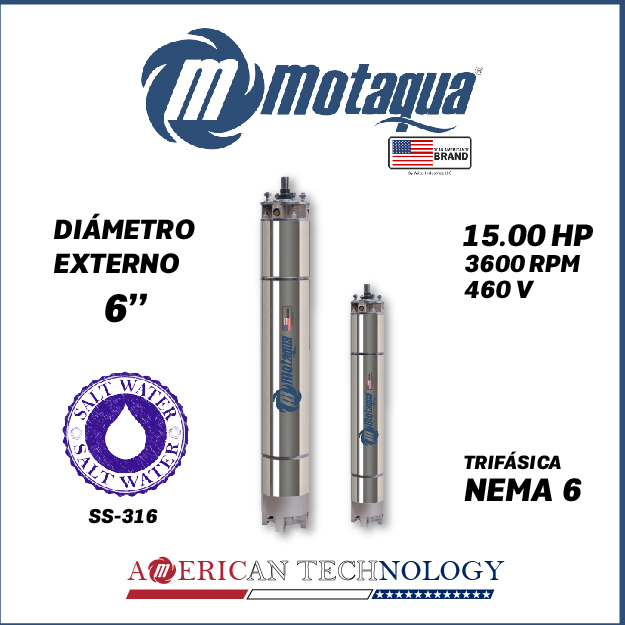 MOTOR SUMERGIBLE TF MOTAQUA  6" SERIE MKD MOD. T6WRF0150K  15,00HP 3PH/460V/60HZ/2P 3600RPM 3W DOL NEMA6 WF-R SS316