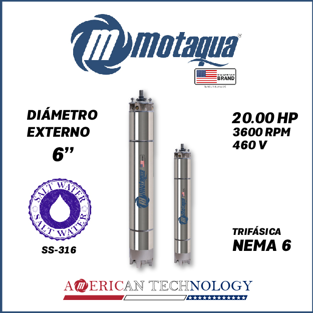 MOTOR SUMERGIBLE TF MOTAQUA  6" SERIE MKD MOD. T6WRF0200K  20,00HP 3PH/460V/60HZ/2P 3600RPM 3W DOL NEMA6 WF-R SS316