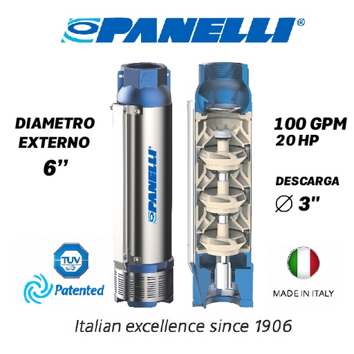 [5505PAN-140PR16N/10] CUERPO SUMERGIBLE PANELLI  6" SERIE  PR MOD. 140PR10010 100GPM  20,00HP  10ET 3"NPT NEMA6