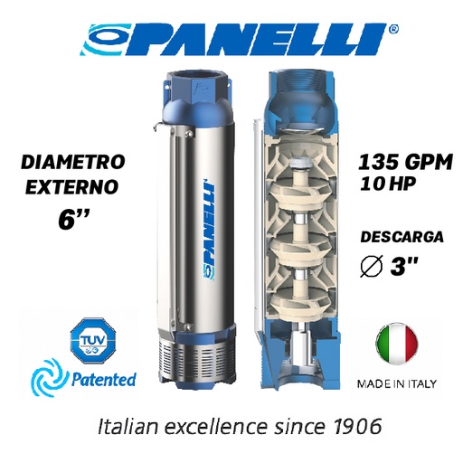 [5505PAN-140PR24N/5] CUERPO SUMERGIBLE PANELLI  6" SERIE  PR MOD. 140PR13505 135GPM  10,00HP  05ET 3"NPT NEMA6