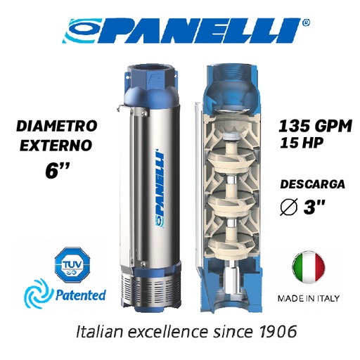 [5505PAN-140PR24N/7] CUERPO SUMERGIBLE PANELLI  6" SERIE  PR MOD. 140PR13507 135GPM  15,00HP  07ET 3"NPT NEMA6