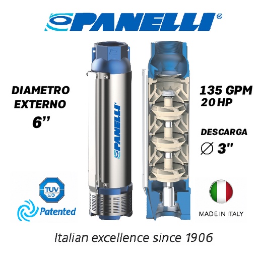 [5505PAN-140PR24N/10] CUERPO SUMERGIBLE PANELLI  6" SERIE  PR MOD. 140PR13510 135GPM  20,00HP  10ET 3"NPT NEMA6