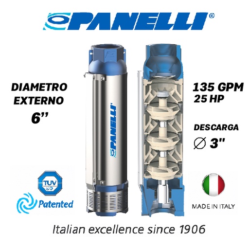 [5505PAN-140PR106-025/13] CUERPO SUMERGIBLE PANELLI  6" SERIE  PR MOD. 140PR13513 135GPM  25,00HP  13ET 3"NPT NEMA6
