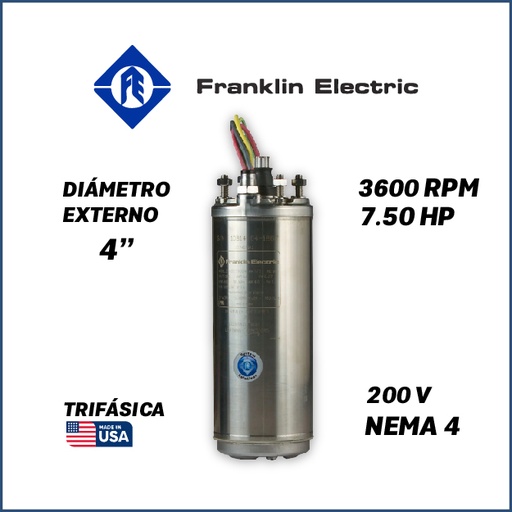 [7505FRA-5FEH4440000750F-SF11] MOTOR SUMERGIBLE TF FRANKLIN  4" SERIE WWELL HT MOD. 2347088602G    7,50HP 3PH/200V/60HZ/2P 3600RPM 3W DOL NEMA4 WF-C                                      