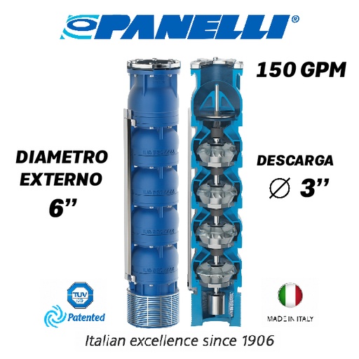 [5515PAN-140REC15008] CUERPO SUMERGIBLE PANELLI  6" SERIE REC MOD 140REC15008 150GPM  20,00HP  08ET 3"NPT NEMA6