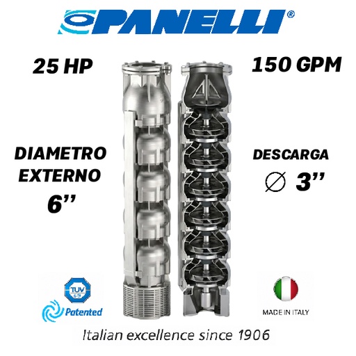 [5515PAN-140SX15010] CUERPO SUMERGIBLE PANELLI  6" SERIE  SX MOD. 140SX15010  150GPM  25,00HP 10ET 3"NPT NEMA6
