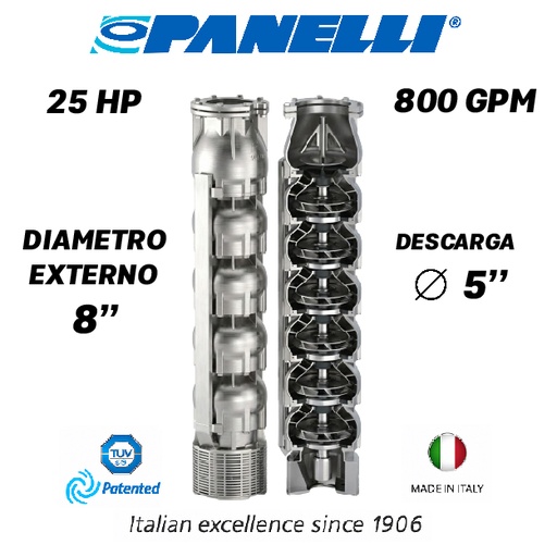 [5525PAN-180SX80001] CUERPO SUMERGIBLE PANELLI  8" SERIE  SX MOD. 180SX80001 800GPM  25,00HP  01ET 5"NPT NEMA8