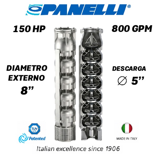 [5525PAN-180SX80006] CUERPO SUMERGIBLE PANELLI  8" SERIE  SX MOD. 180SX80006 800GPM 150,00HP  06ET 5"NPT NEMA8