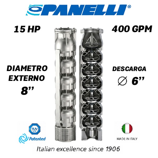 [5525PAN-180SX40001NX0-AS01] CUERPO SUMERGIBLE PANELLI  8" SERIE  SX MOD. 180SX40001 400GPM  15,00HP  01ET 6"NPT NEMA8 