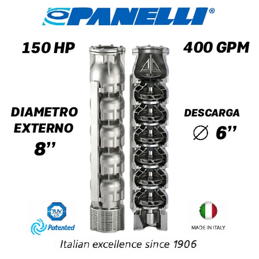 [5525PAN-180SX40010NX0-AS01] CUERPO SUMERGIBLE PANELLI  8" SERIE  SX MOD. 180SX40010 400GPM 150,00HP  10ET 6"NPT NEMA8