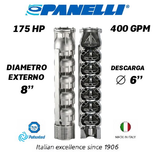 [5525PAN-180SX40013NX0-AS01] CUERPO SUMERGIBLE PANELLI  8" SERIE  SX MOD. 180SX40013 400GPM 175,00HP  13ET 6"NPT NEMA8