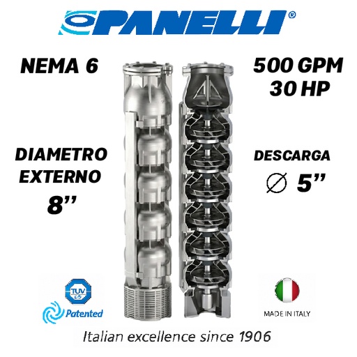 [5525PAN-180SX50002JX0-AS011] CUERPO SUMERGIBLE PANELLI  8" SERIE  SX MOD. 180SX50002 500GPM  30,00HP  02ET 5"NPT NEMA6