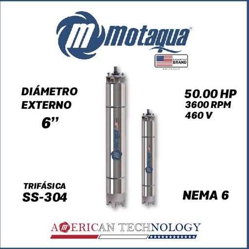 [7515MKD- 23006006] MOTOR SUMERGIBLE TF MOTAQUA  6" SERIE MKD MOD. T6WRF0500P  50,00HP 3PH/460V/60HZ/2P 3600RPM 6W Y-D NEMA6 WF-R SS-304