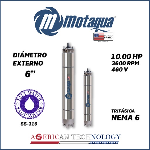 [7515MKD-22] MOTOR SUMERGIBLE TF MOTAQUA  6" SERIE MKD MOD. T6WRF0100K  10,00HP 3PH/460V/60HZ/2P 3600RPM 3W DOL NEMA6 WF-R SS316